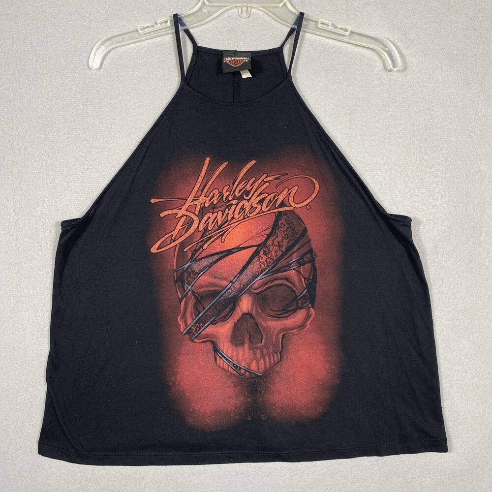 Harley Davidson Tank Top Womens Large Skull Halther Spaghetti Strap Biker Grunge